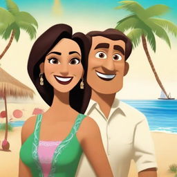 Create a Pixar-inspired movie poster featuring a Caucasian man and his half-Mexican wife on a beautiful beach in Mexico