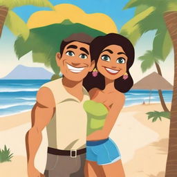 Create a Pixar-inspired movie poster featuring a Caucasian man and his half-Mexican wife on a beautiful beach in Mexico