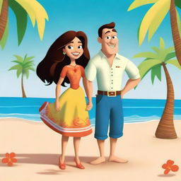 Create a Pixar-inspired movie poster featuring a Caucasian man and his half-Mexican wife on a beautiful beach in Mexico