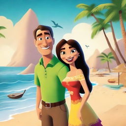 Create a Pixar-inspired movie poster featuring a Caucasian man and his half-Mexican wife on a beautiful beach in Mexico