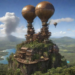 Showcasing the island of Reunion in a steampunk style, with its volcanic landscapes and tropical plantations interspersed with steam-powered machinery, bronze towers incorporating the lush vegetation, and steam-engine airships cruising the azure skies.