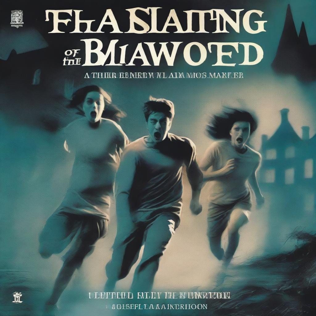 A group of teenagers being chased at full sprint by a demonic entity in an abandoned manor, their faces look terrified