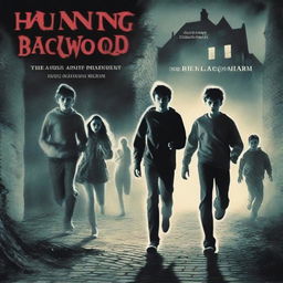 A group of teenagers being chased at full sprint by a demonic entity in an abandoned manor, their faces look terrified