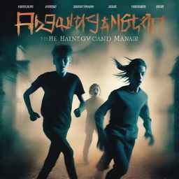 A group of teenagers being chased at full sprint by a demonic entity in an abandoned manor, their faces look terrified