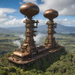 Showcasing the island of Reunion in a steampunk style, with its volcanic landscapes and tropical plantations interspersed with steam-powered machinery, bronze towers incorporating the lush vegetation, and steam-engine airships cruising the azure skies.