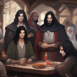 A group of diverse fantasy characters gathered in a lively tavern