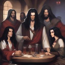 A group of diverse fantasy characters gathered in a lively tavern