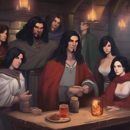 A group of diverse fantasy characters gathered in a lively tavern