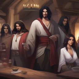 A group of diverse fantasy characters gathered in a lively tavern