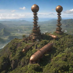 Showcasing the island of Reunion in a steampunk style, with its volcanic landscapes and tropical plantations interspersed with steam-powered machinery, bronze towers incorporating the lush vegetation, and steam-engine airships cruising the azure skies.