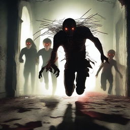 A group of teenagers being chased at full sprint by a demonic entity in an abandoned manor