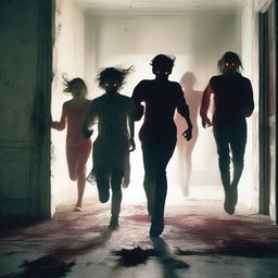 A group of teenagers being chased at full sprint by a demonic entity in an abandoned manor