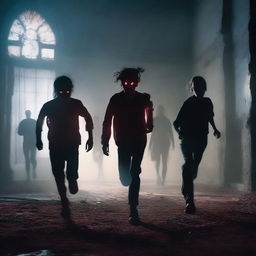 A group of teenagers being chased at full sprint by a demonic entity in an abandoned manor