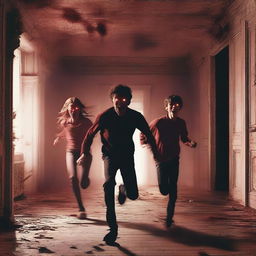 A group of teenagers being chased at full sprint by a demonic entity in an abandoned manor