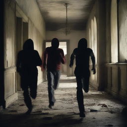 A group of teenagers, around 18 years old, are being chased at full sprint by a demonic entity in an abandoned manor