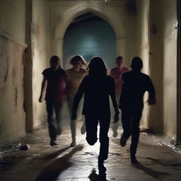 A group of teenagers, around 18 years old, are being chased at full sprint by a demonic entity in an abandoned manor