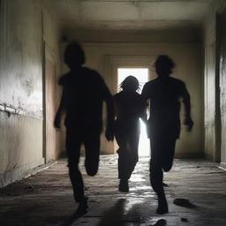 A group of teenagers, around 18 years old, are being chased at full sprint by a demonic entity in an abandoned manor