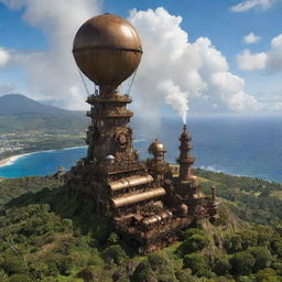 Showcasing the island of Reunion in a steampunk style, with its volcanic landscapes and tropical plantations interspersed with steam-powered machinery, bronze towers incorporating the lush vegetation, and steam-engine airships cruising the azure skies.