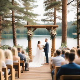 A picturesque summer camp wedding scene set in a rustic log cabin environment