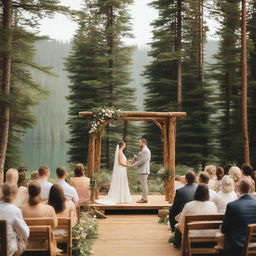 A picturesque summer camp wedding scene set in a rustic log cabin environment