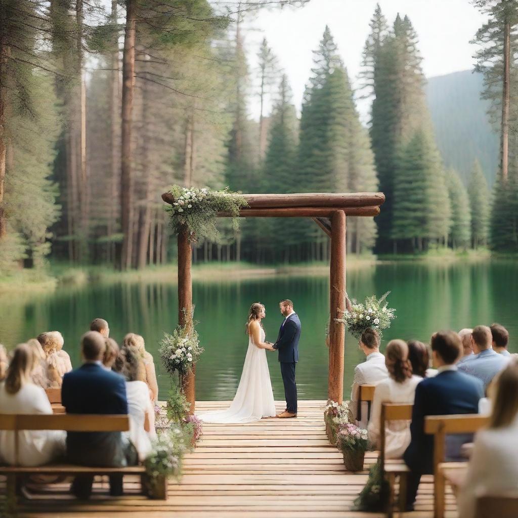 A picturesque summer camp wedding scene set in a rustic log cabin environment