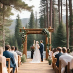 A picturesque summer camp wedding scene set in a rustic log cabin environment