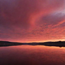 A breathtaking image of a fiery red sunrise. The sky blends from deep crimson to soft pink, casting warm hues over the serene landscape beneath.