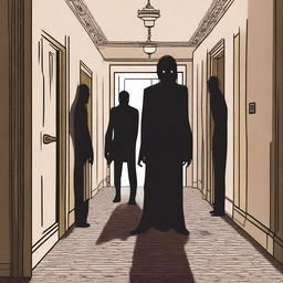 A group of ordinary people are standing in a long hallway with a nice carpet inside a manor