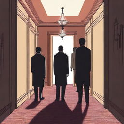 A group of ordinary people are standing in a long hallway with a nice carpet inside a manor