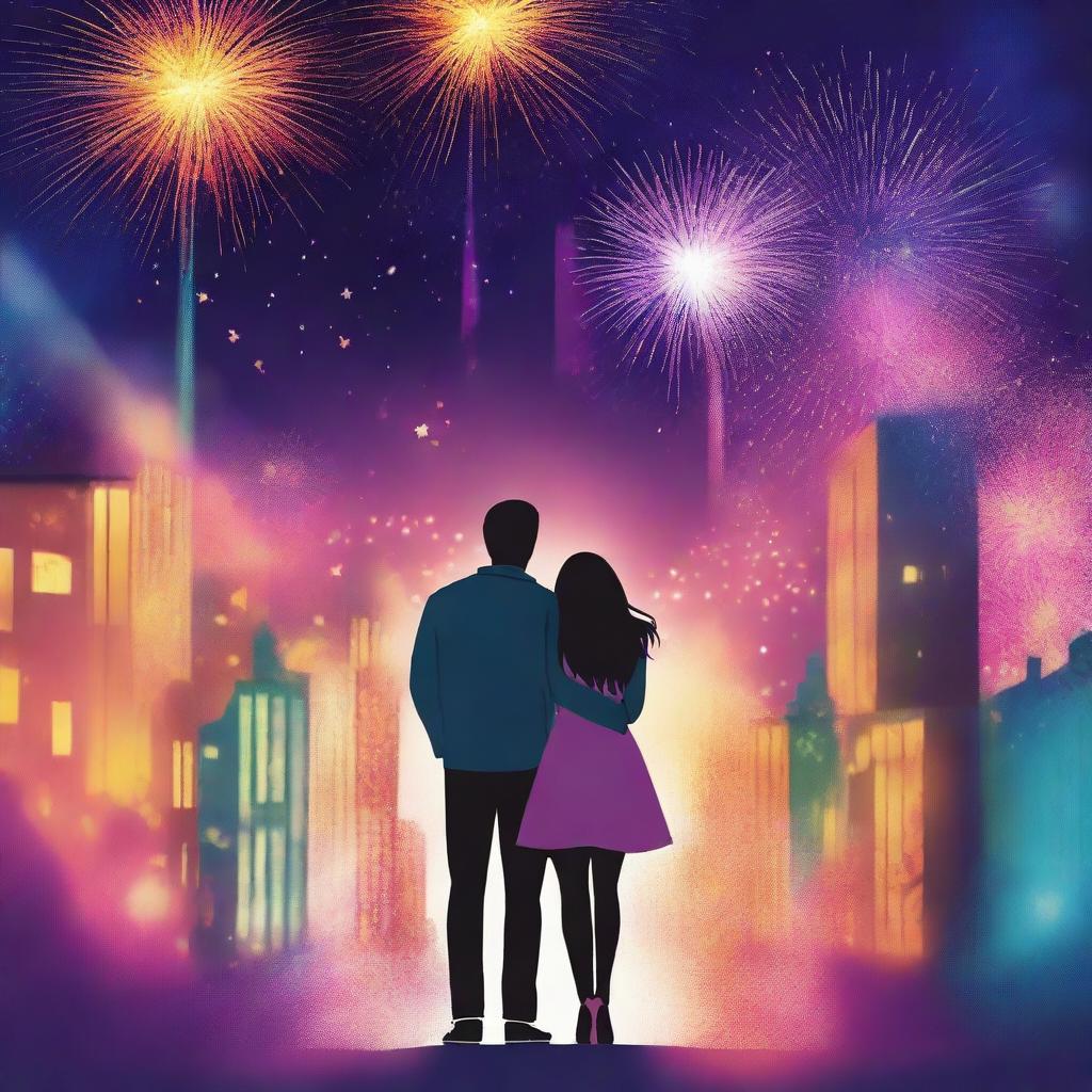 A romantic book cover featuring a couple watching fireworks on New Year's Eve