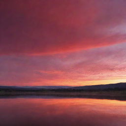 A breathtaking image of a fiery red sunrise. The sky blends from deep crimson to soft pink, casting warm hues over the serene landscape beneath.