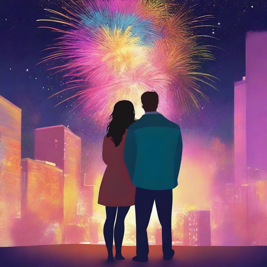 A romantic book cover featuring a couple watching fireworks on New Year's Eve