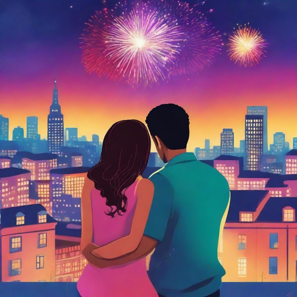 A romantic book cover featuring a couple sitting on a rooftop, watching fireworks on New Year's Eve