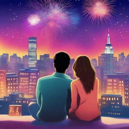 A romantic book cover featuring a couple sitting on a rooftop, watching fireworks on New Year's Eve