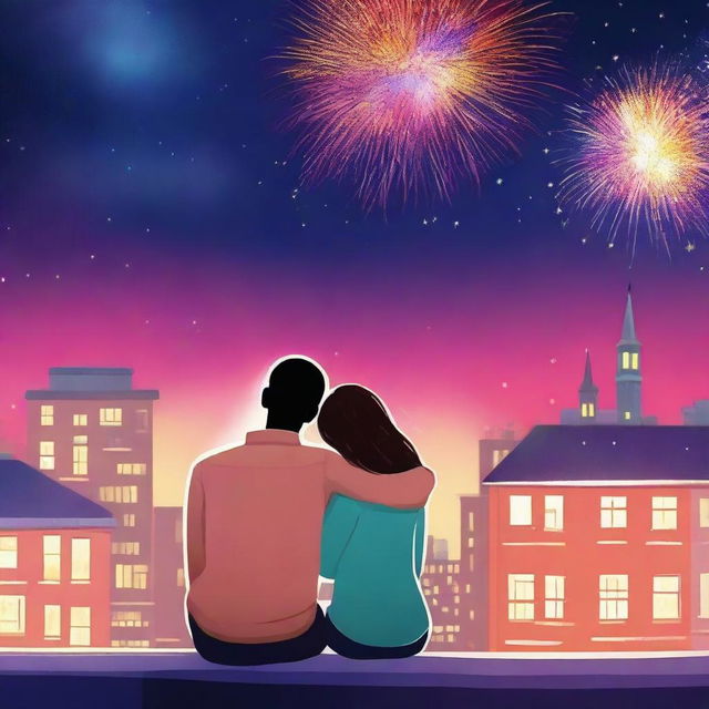 A romantic book cover featuring a couple sitting on a rooftop, watching fireworks on New Year's Eve