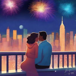 A romantic book cover featuring a couple sitting on a rooftop, watching fireworks on New Year's Eve