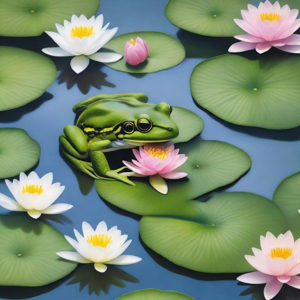 A detailed and realistic depiction of a frog sitting on a lily pad in a serene pond, surrounded by lush greenery and blooming flowers