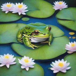 A detailed and realistic depiction of a frog sitting on a lily pad in a serene pond, surrounded by lush greenery and blooming flowers