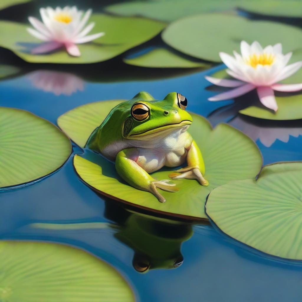 A detailed and realistic depiction of a frog sitting on a lily pad in a serene pond, surrounded by lush greenery and blooming flowers