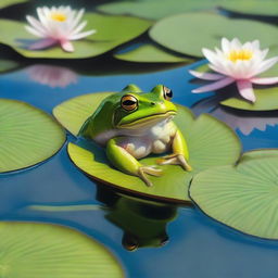 A detailed and realistic depiction of a frog sitting on a lily pad in a serene pond, surrounded by lush greenery and blooming flowers