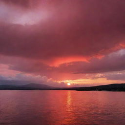 A breathtaking image of a fiery red sunrise. The sky blends from deep crimson to soft pink, casting warm hues over the serene landscape beneath.