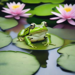 A detailed and realistic depiction of a frog sitting on a lily pad in a serene pond, surrounded by lush greenery and blooming flowers