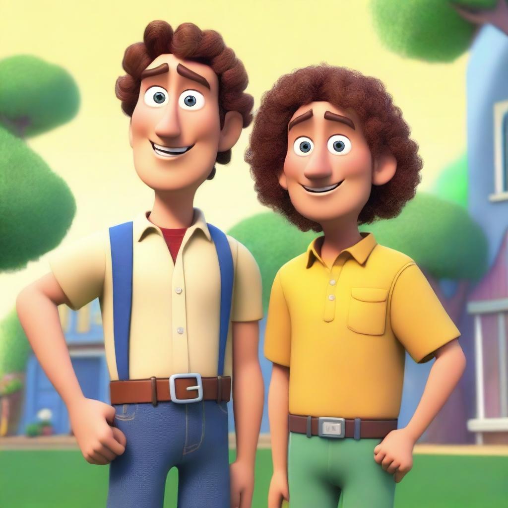 A Pixar-inspired image featuring a man with curly brown hair standing next to his clone