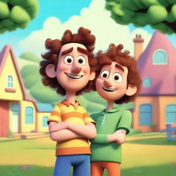 A Pixar-inspired image featuring a man with curly brown hair standing next to his clone