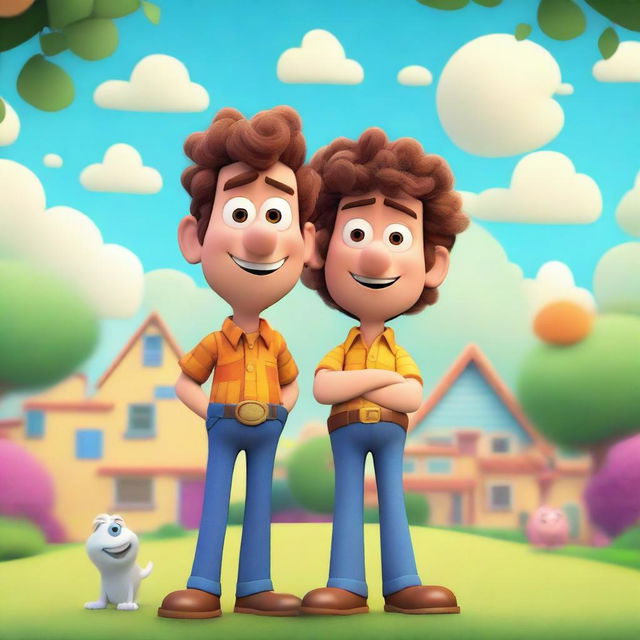 A Pixar-inspired image featuring a man with curly brown hair standing next to his clone