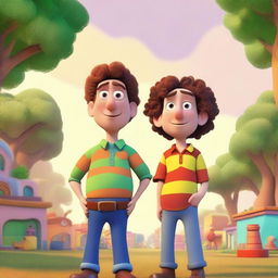 A Pixar-inspired image featuring a man with curly brown hair standing next to his clone