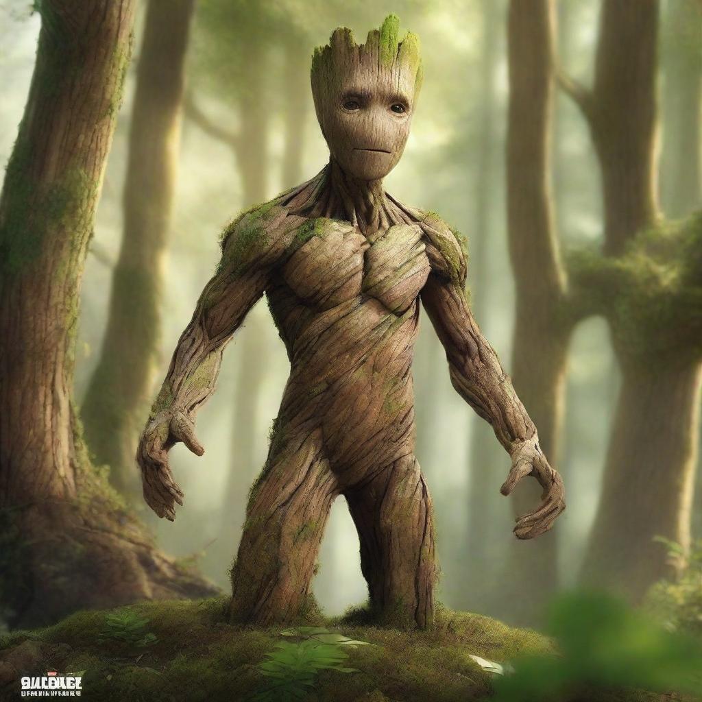 A detailed and realistic depiction of Groot, the tree-like character from Guardians of the Galaxy, standing in a lush forest