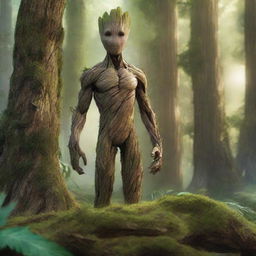 A detailed and realistic depiction of Groot, the tree-like character from Guardians of the Galaxy, standing in a lush forest