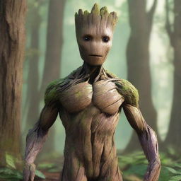 A detailed and realistic depiction of Groot, the tree-like character from Guardians of the Galaxy, standing in a lush forest