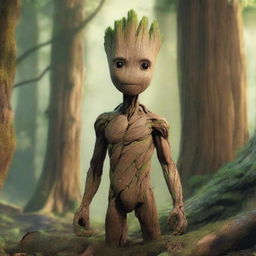 A detailed and realistic depiction of Groot, the tree-like character from Guardians of the Galaxy, standing in a lush forest